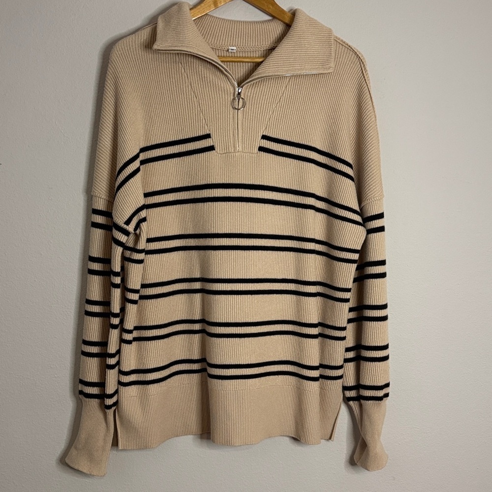 Beige Sweater with Black Stripes